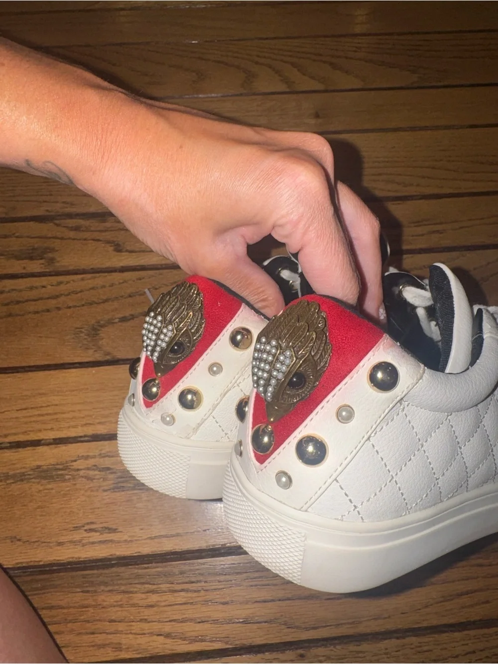 Kurt Geiger Quilted White Lace-Up Sneakers with Red Heel Tab